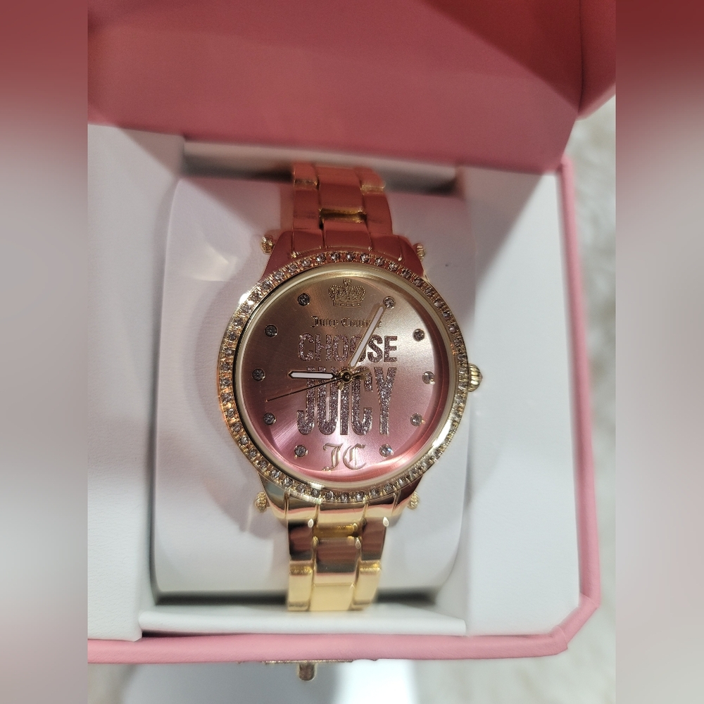 Juicy Couture Watch Rhinestone Bezel W/ Pink Face Women’s  Gold Tone Metal Band